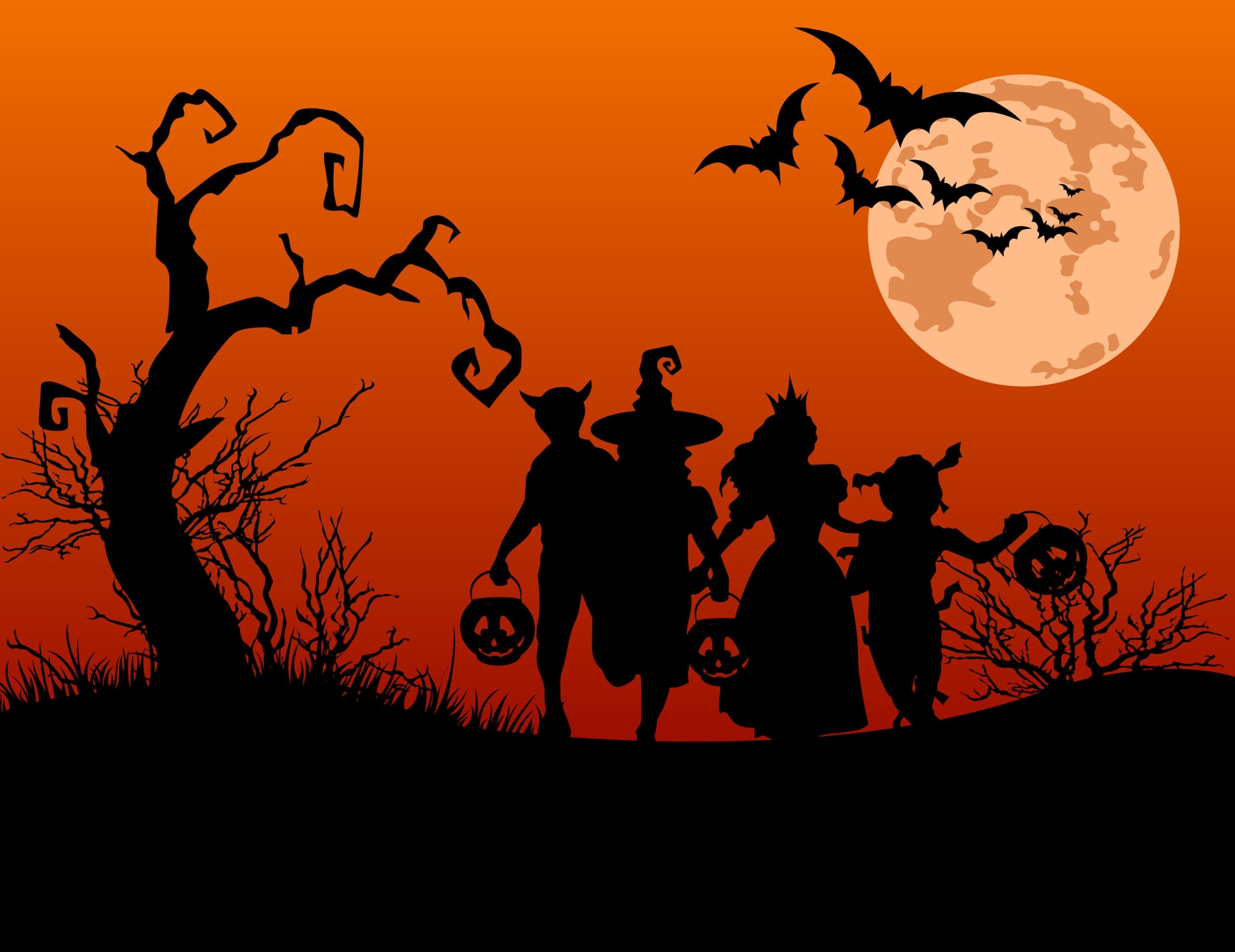 Halloween background with silhouettes of trick or treating child halloween trick or treat image